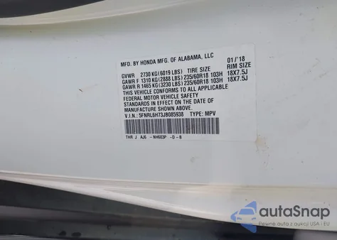 2018 Honda Odyssey Ex-L z USA, uszkodzony, nr VIN 5FNRL6H73JB085938